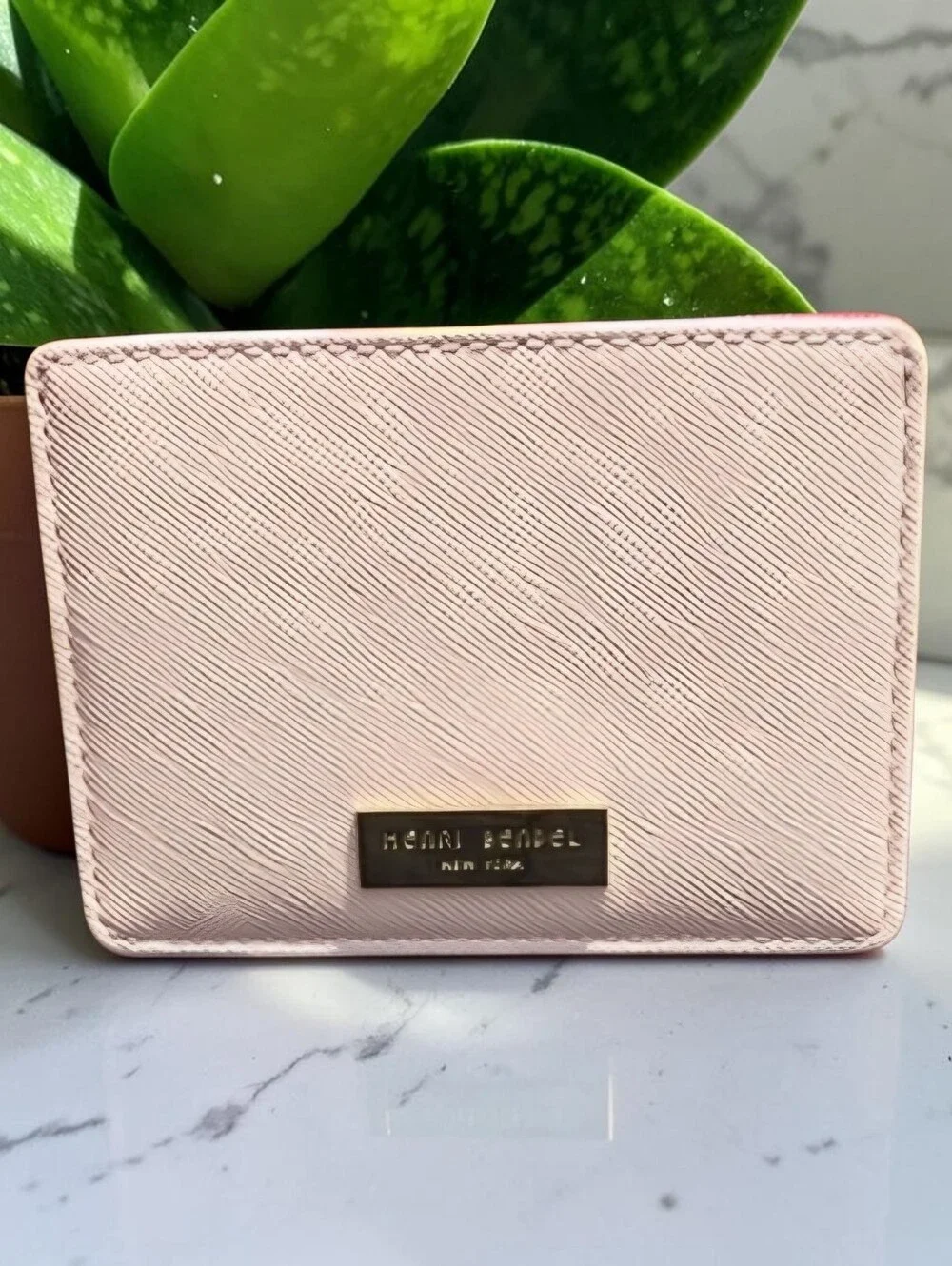 henri bendel Blush Pink & Red Saffiano Leather Card Case with Gold Plaque, NWOT